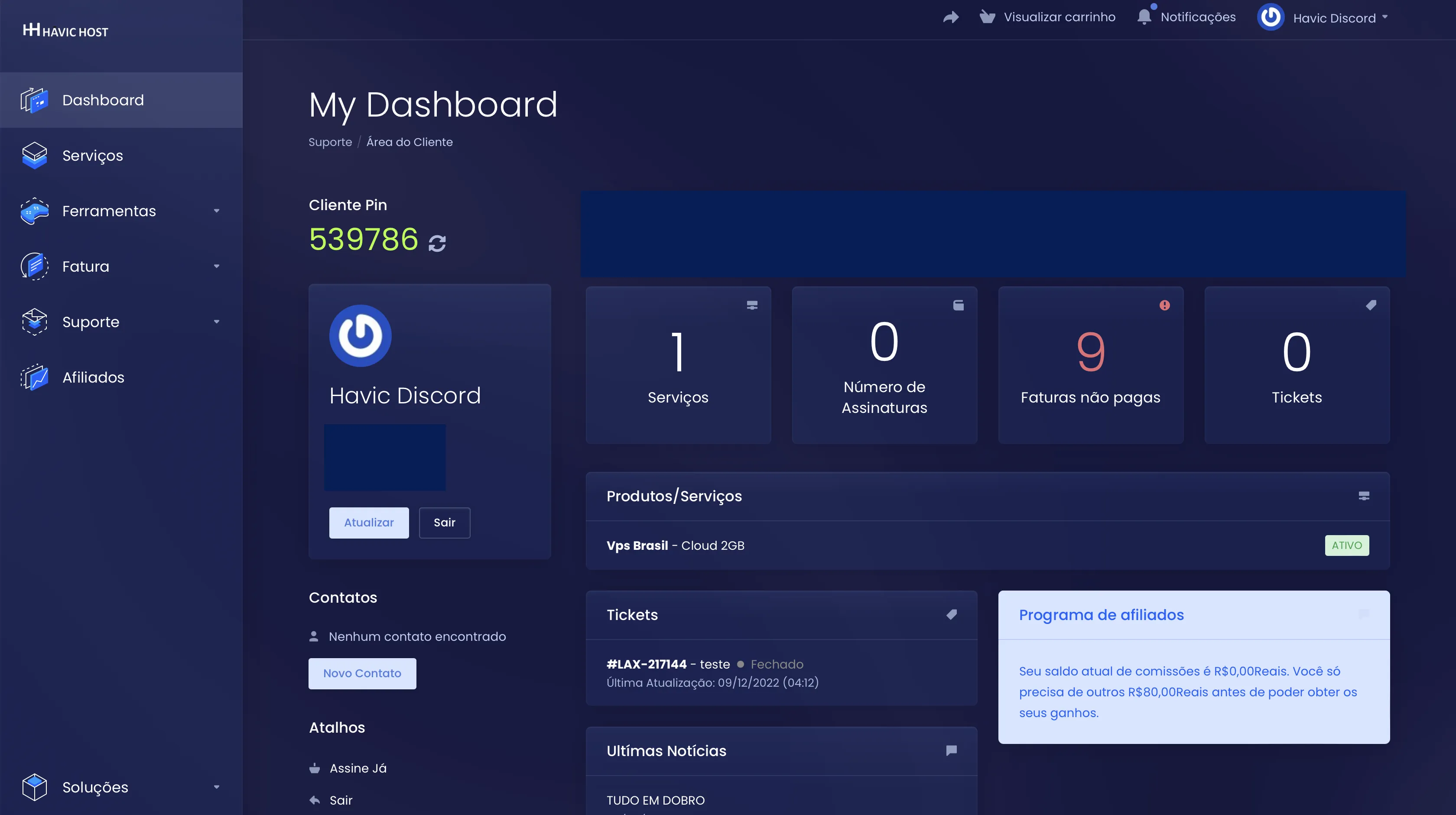Painel de controle Havic Host - Interface moderna para gerenciamento de servidores